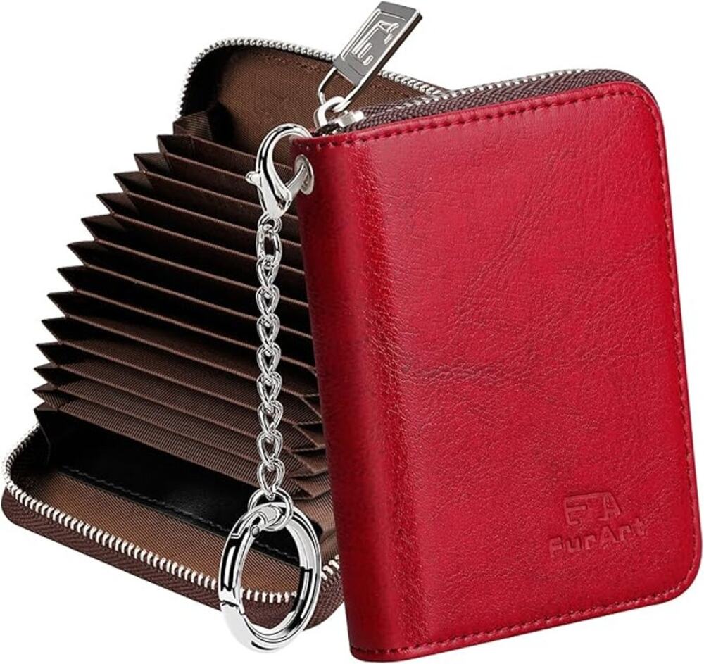 Wallet, RFID Blocking, Cash Credit Business Card Slots Zipper Keychain (Red)
